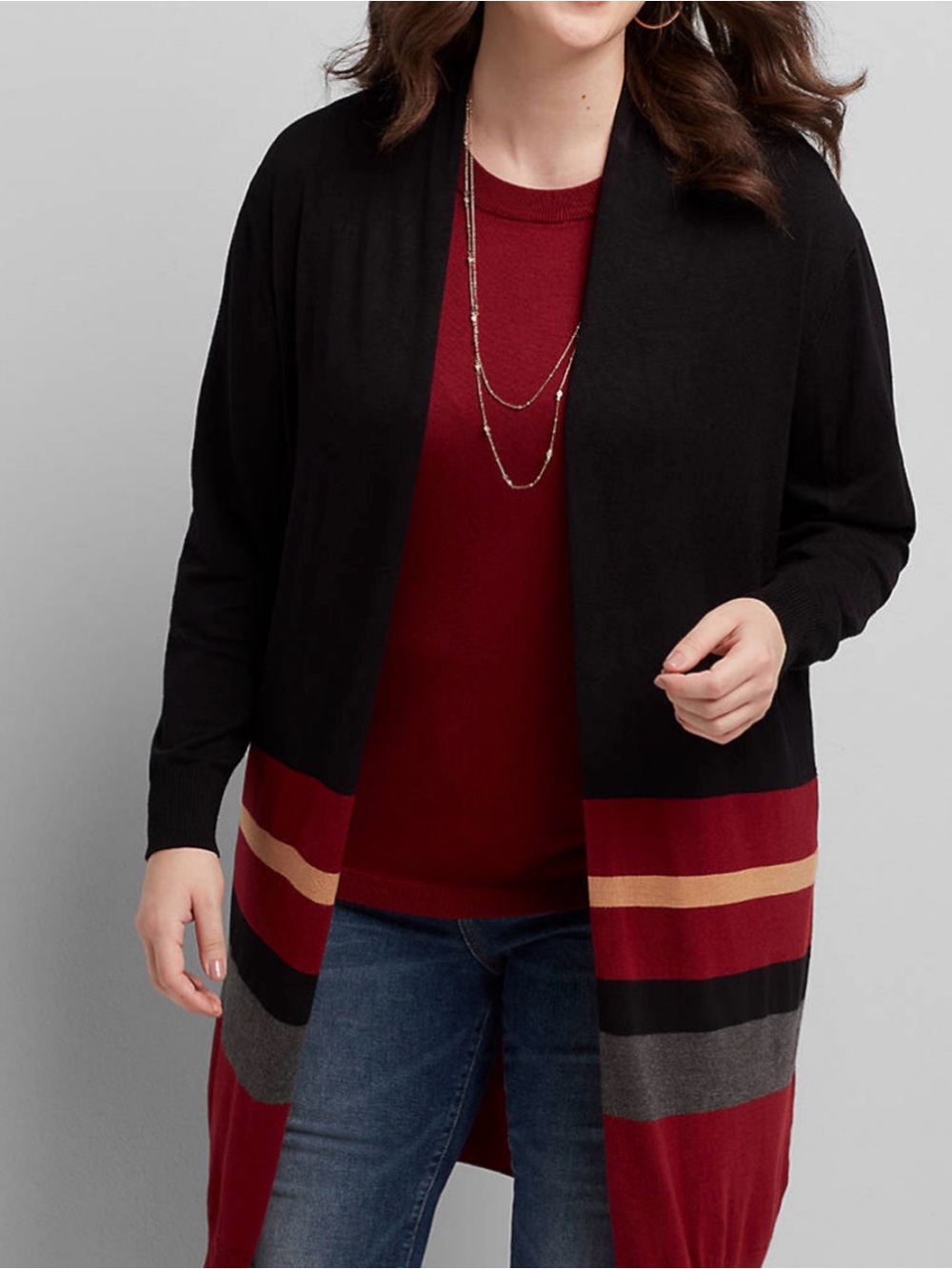 Lane Bryant Black/stripe Long Cardigan Sweater 81590 Size 14/16 Open Front